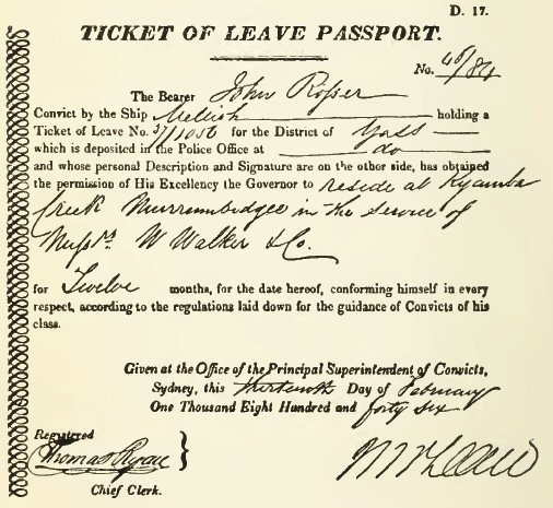 NSW Colonial Government - Convict Ticket of Leave Passport
